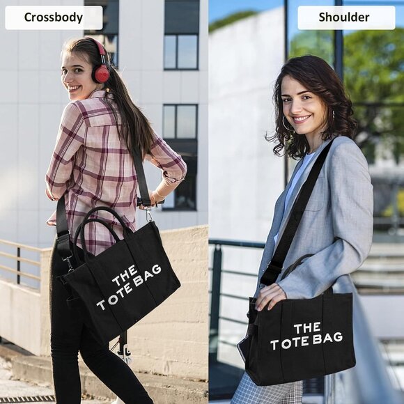 Women Black Personalized Canvas Crossbody Tote Bags with Zipper Mini Top-Handle - Picture 2 of 7